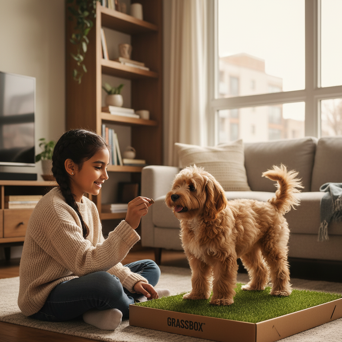 oung girl training her puppy on a real grass dog potty patch from GrassBox inside a modern apartment living room.